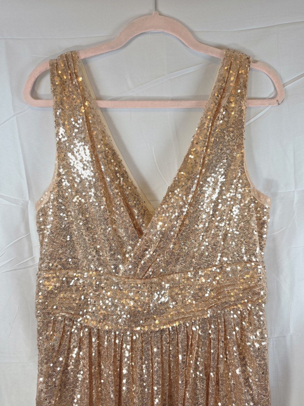 Size L Rose Gold Sequin Maxi Dress V-Neck Sleeveless Formal Gown - Picture 2 of 9